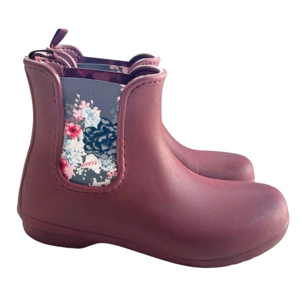Crocs Freesail Chelsea Rain Boots Burgundy Maroon Floral Ankle Waterproof  9